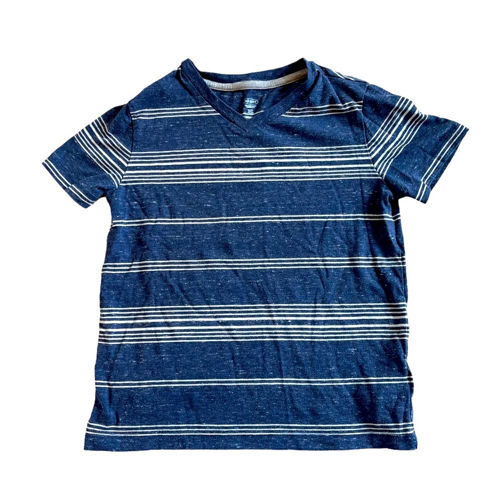 Old Navy V-Neck T-Shirt. Blue with White Stripes, Size S (6-7)